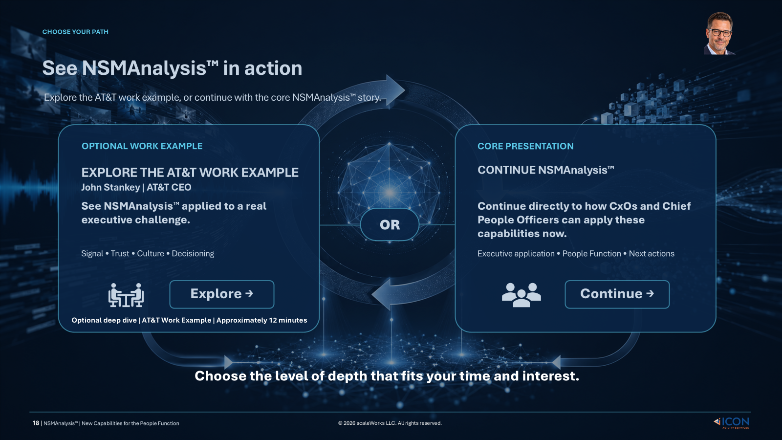 Choose your path: explore the optional AT&T work example or continue the core NSMAnalysis presentation.